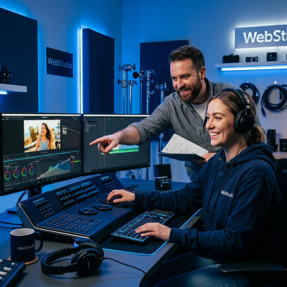Professionelle Videobearbeitung im Team mit moderner Schnitttechnik für Social-Media-Content.